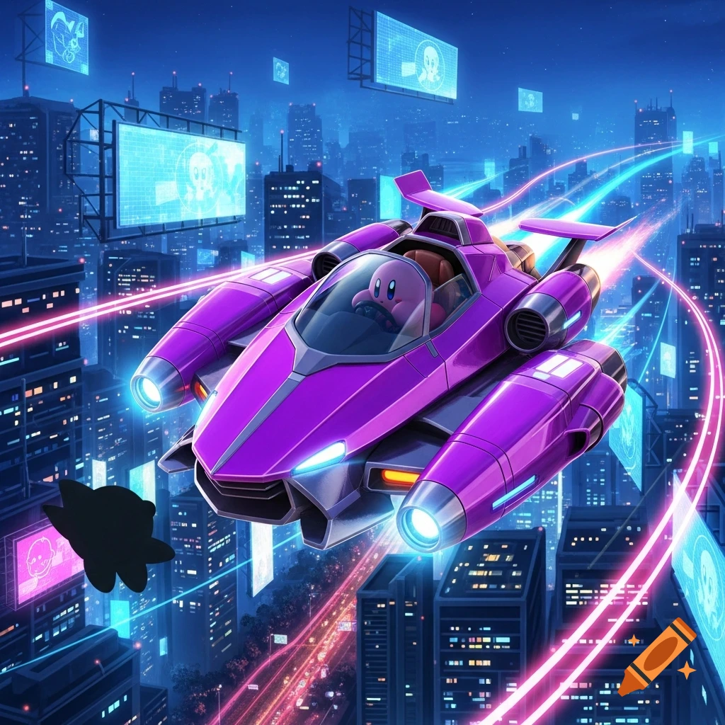 Kirby in a sleek purple futuristic flying vehicle speeds through a neon-lit cyberpunk city at night.