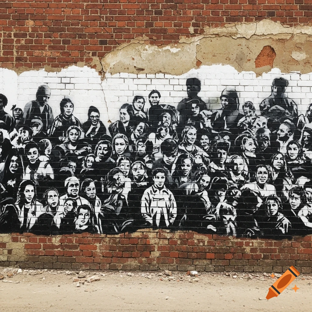 Black and white stencil art mural of a crowd of diverse people on a weathered brick wall.