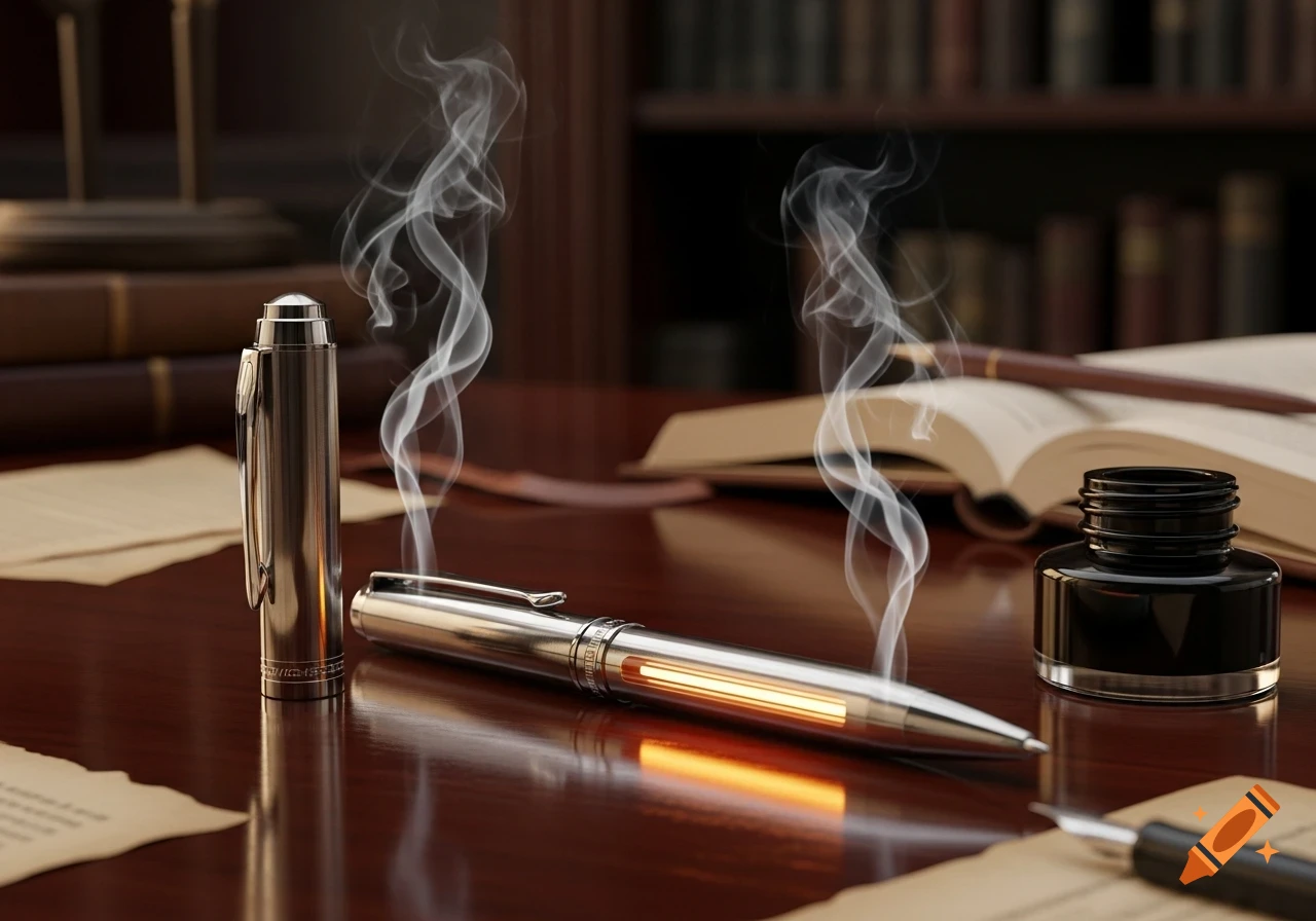 A glowing, smoking pen rests on a dark wood desk, flanked by an inkwell, papers, and an open book in a library setting.
