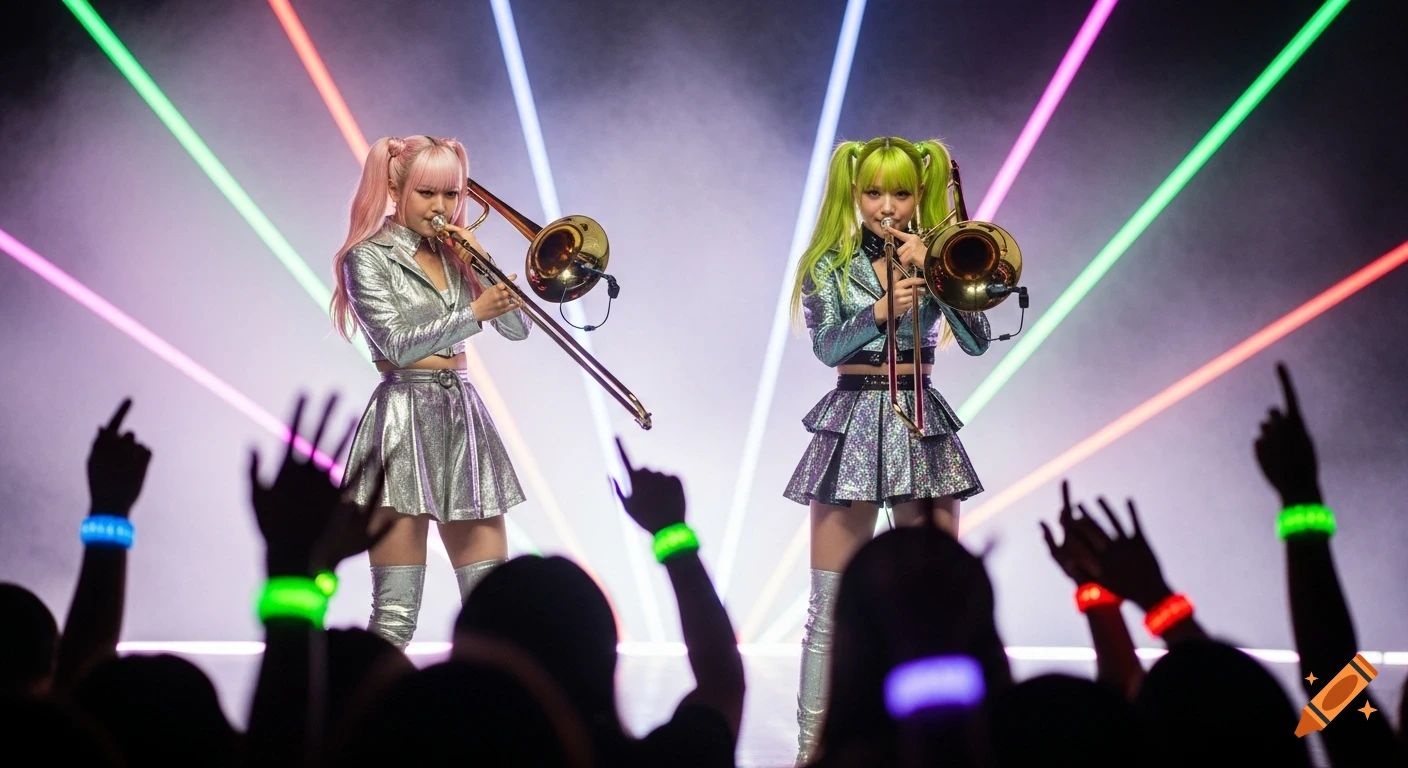 Two K-pop style women with pink and green hair play trombones on a neon-lit stage as an audience watches.