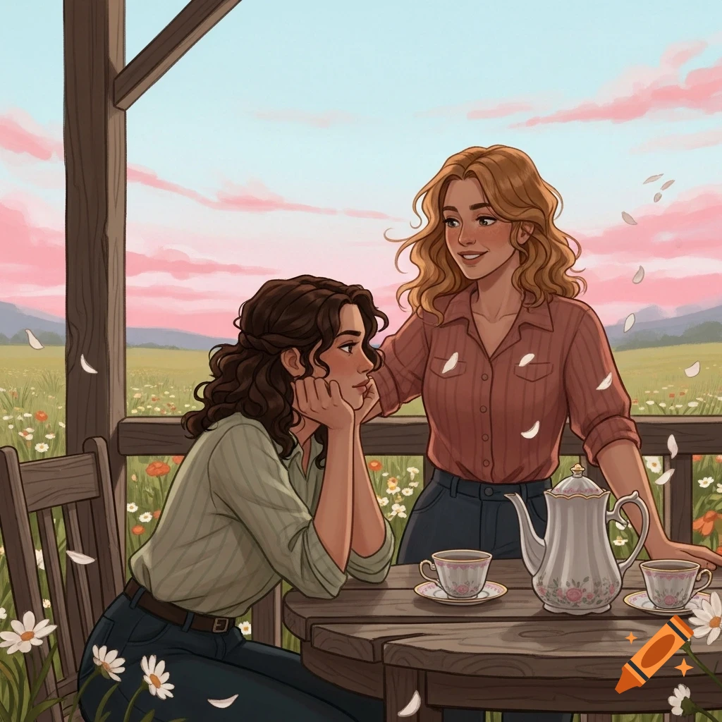 Illustration of two women on a porch, one smiling, one thoughtful, having tea with wildflowers and a pink sunset.