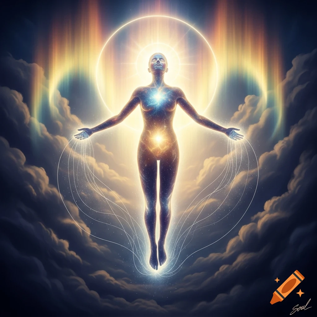 A glowing, ethereal figure composed of stars floats upright amidst swirling dark clouds, surrounded by radiating light and energy.