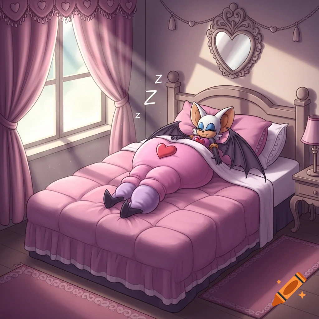 Rouge the Bat sleeps peacefully under pink blankets in a pink-themed bedroom, with sunlight streaming through the window.