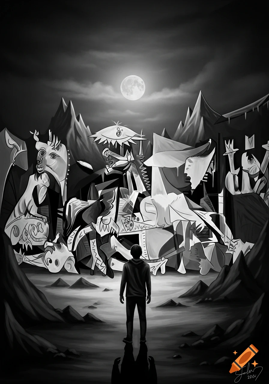 A person stands before a surreal, monochromatic landscape with distorted figures, sharp mountains, and a full moon, in Guernica style.