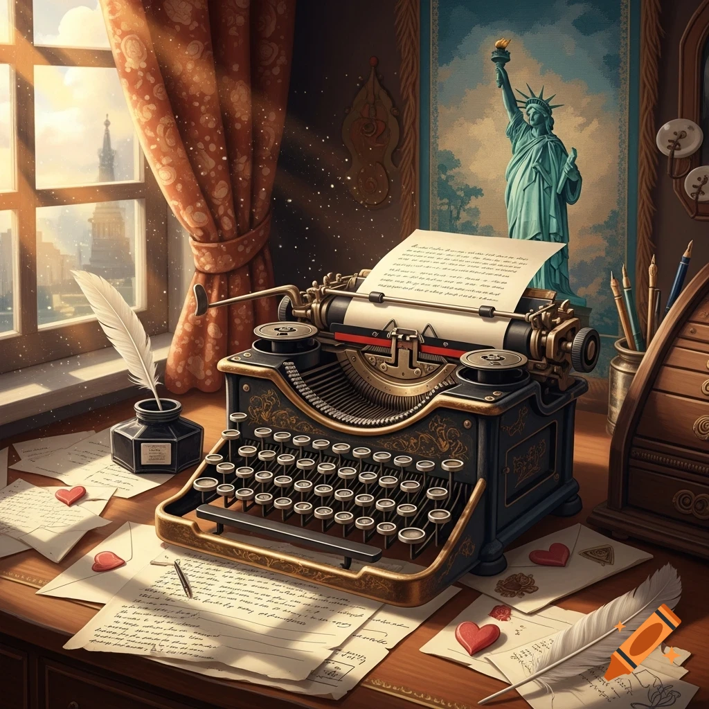 A vintage typewriter sits on a wooden desk surrounded by scattered papers, quills, and red hearts, next to a window overlooking a city. A Statue of Liberty painting is on the wall.