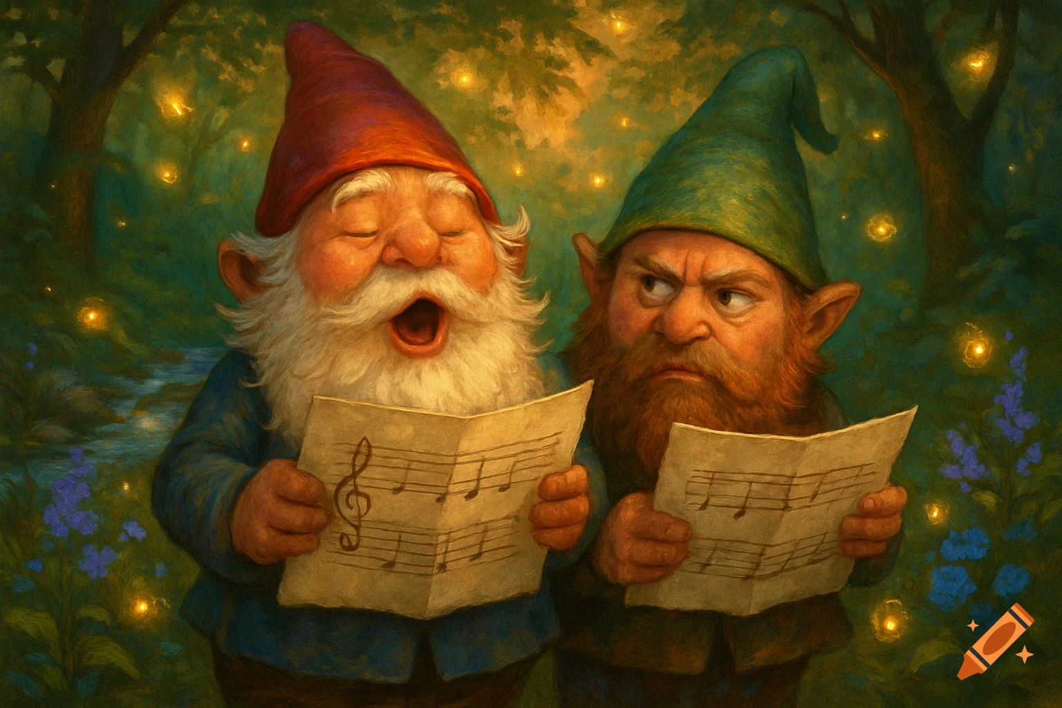 Two gnomes in a magical forest. One with a white beard and red hat sings joyfully, while the other with a brown beard and green hat looks annoyed. Both hold music sheets.