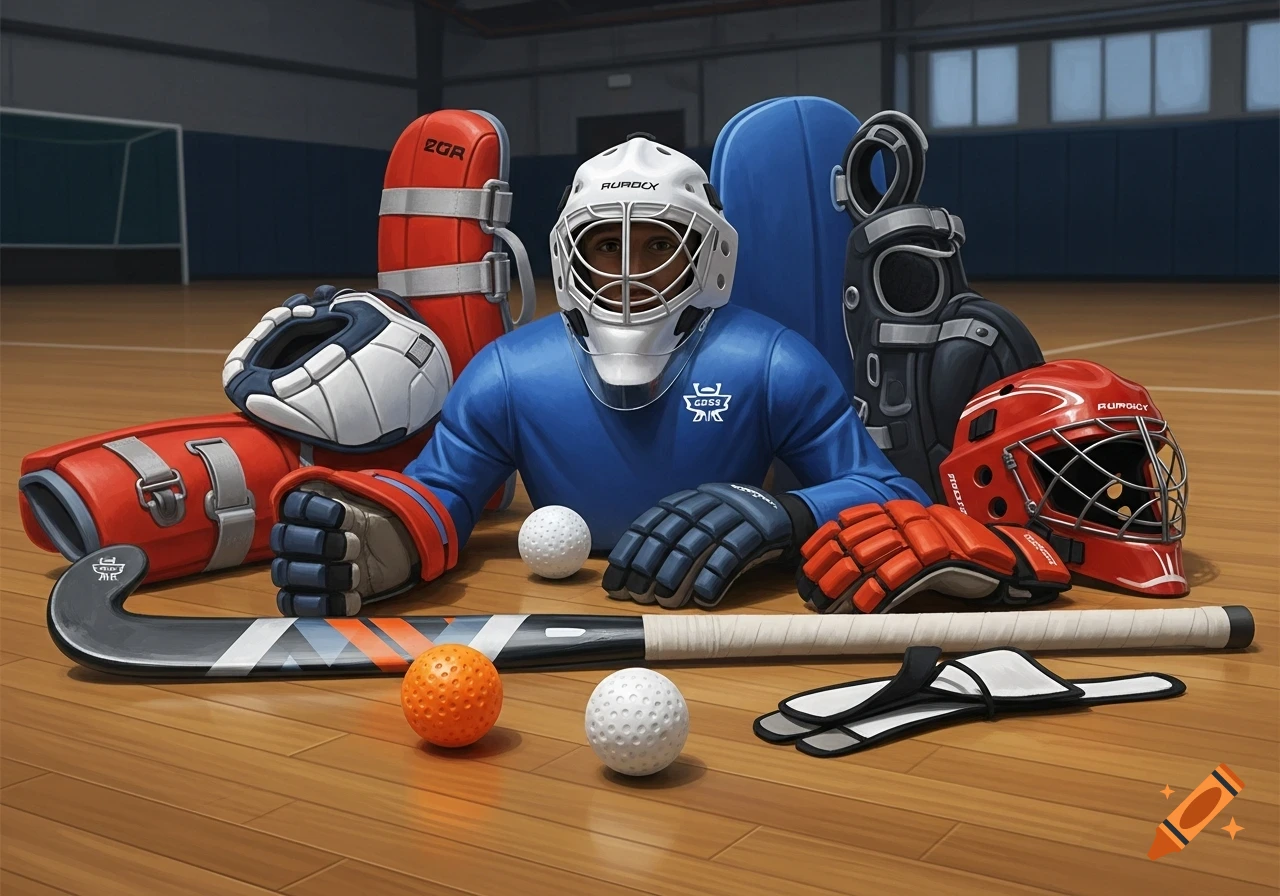 Indoor hockey gear, including helmets, pads, gloves, a stick, and balls, displayed on a wooden court.