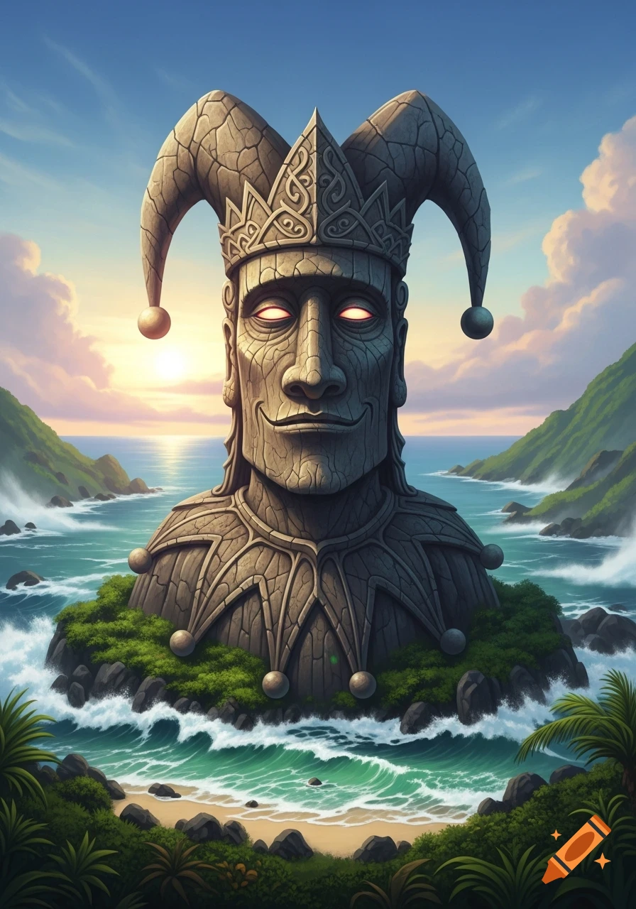A massive stone statue resembling a Moai with a jester's hat on a lush island, surrounded by ocean waves and a sunset sky.