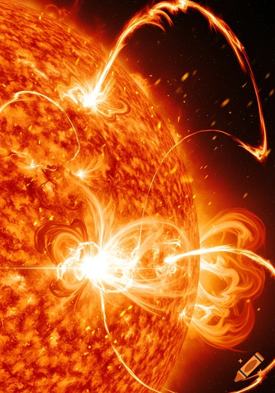 A close-up view of the sun's fiery surface with intense, bright solar flares and glowing coronal loops extending into dark space.