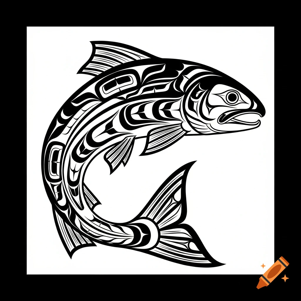 A black and white illustration of a salmon in a traditional Haida art style, curved to the left.