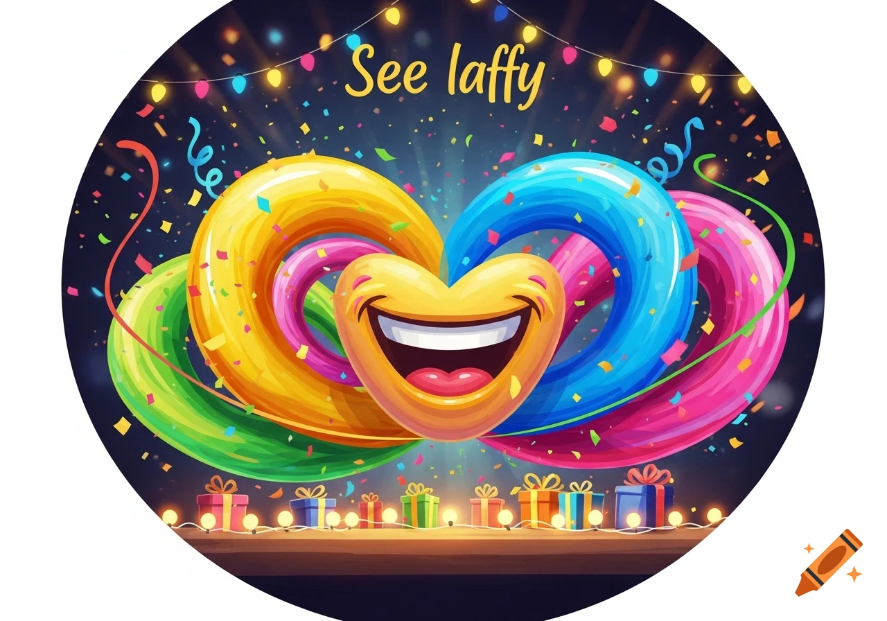 Vibrant graphic of a laughing emoji face, colorful swirls, confetti, gifts, and fairy lights with 'See laffy' text.