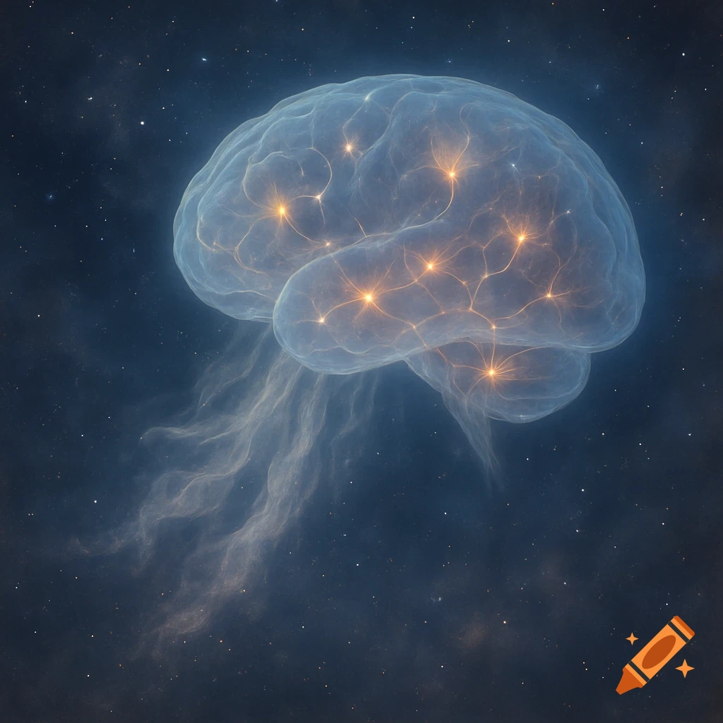 A glowing, translucent brain with illuminated neural pathways floats in a dark, starry cosmic background.