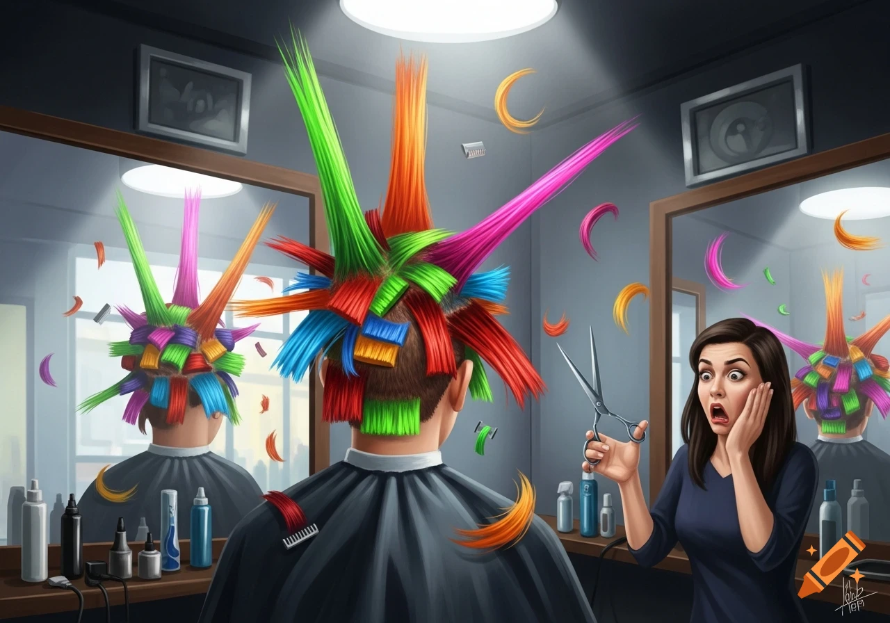 A shocked woman with scissors looks at the back of a man's head, which has an exaggerated, spiky, multi-colored haircut in a barbershop.