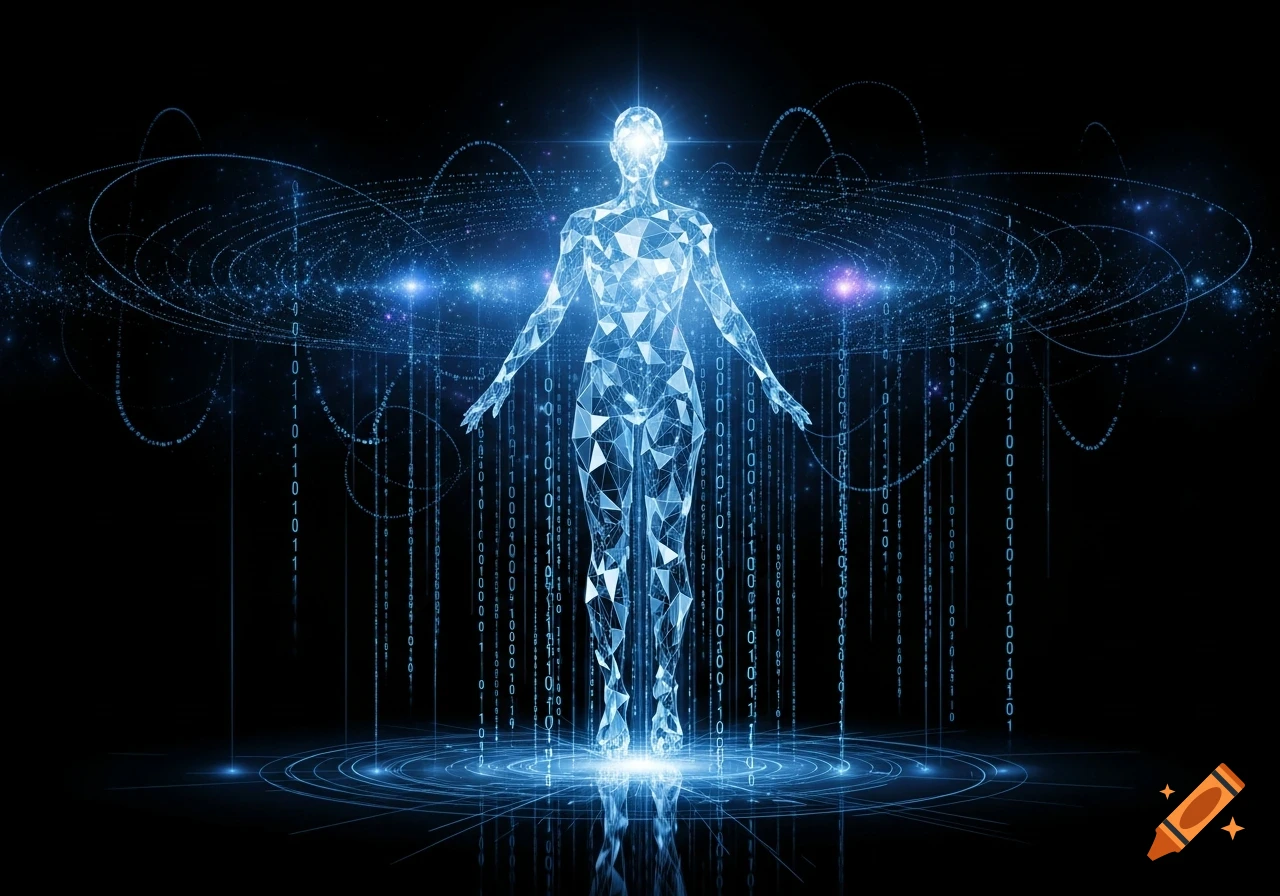 A glowing, polygonal human-like figure in blue light stands amidst falling binary code and swirling data streams on a dark background, representing AI or digital being.