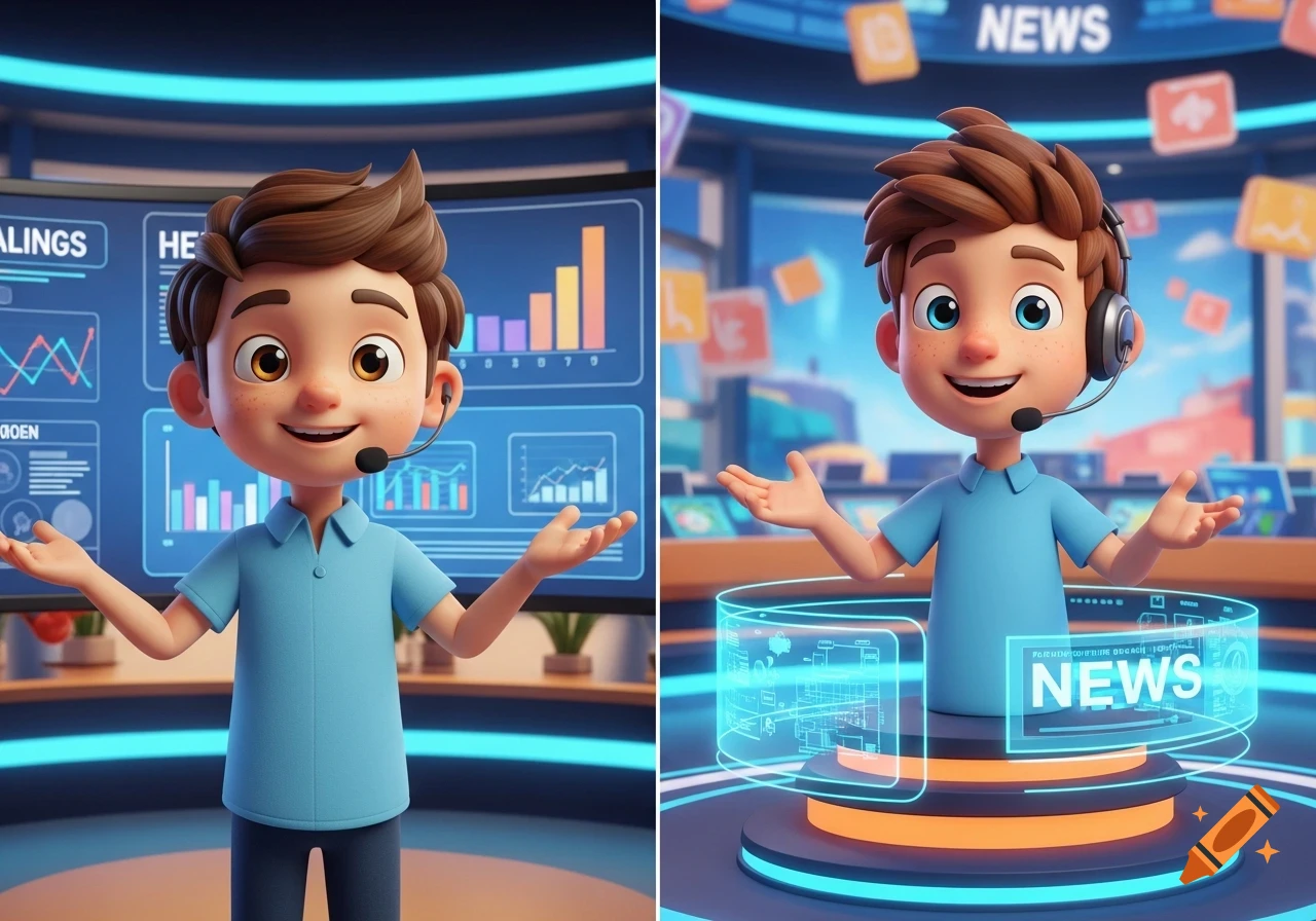 A smiling 3D animated cartoon boy with a headset presents news in two different futuristic studio settings with screens and holographic displays.