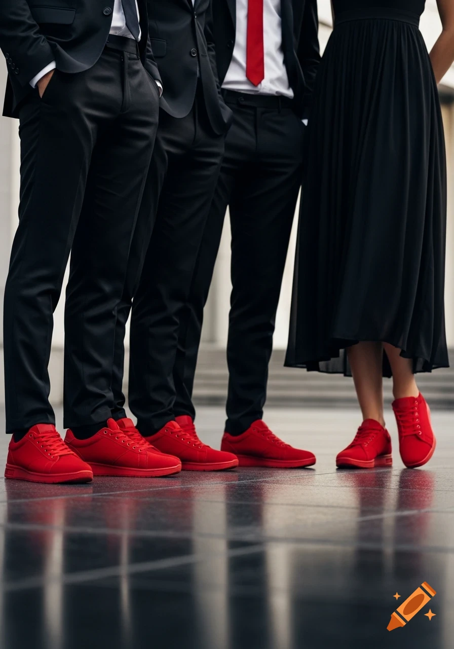 Three men in black suits and one woman in a black dress, all wearing red sneakers, stand on a reflective surface.