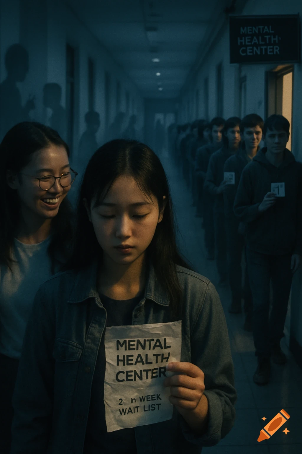 A somber student holds a crumpled 'Mental Health Center' flyer in a long, dark hallway with a line of students.