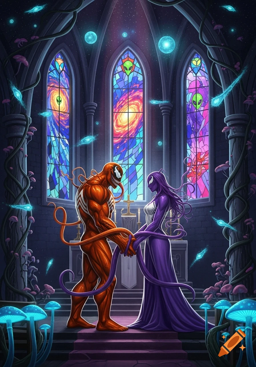 An orange male Venom and a purple female symbiote hold tendrils during a mystical wedding ceremony in a church with alien stained glass and glowing mushrooms.