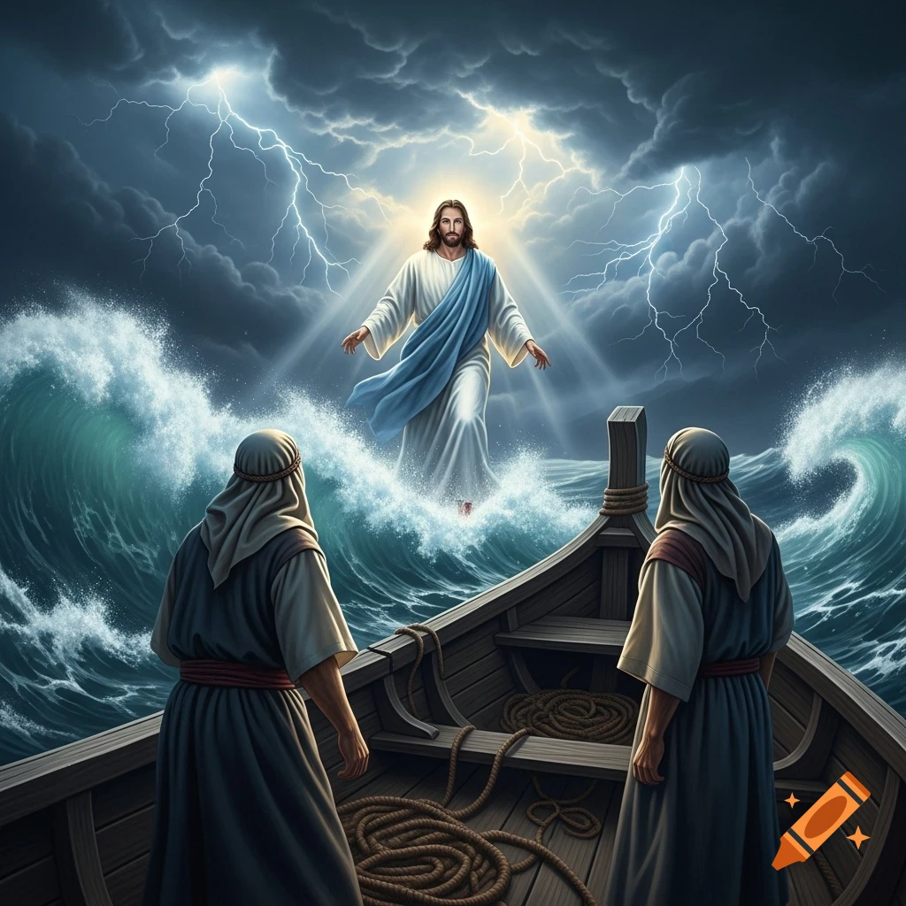 Fantasy artwork of Jesus walking on stormy waves with lightning, viewed from a boat with two fishermen.