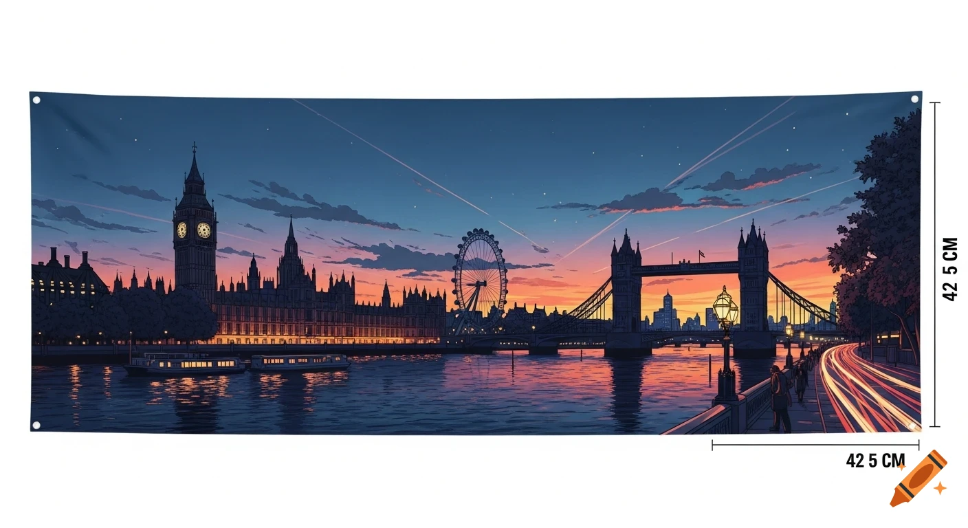 An illustrated panoramic view of the London skyline at sunset, featuring Big Ben, the London Eye, and Tower Bridge over the Thames, with light trails from traffic.
