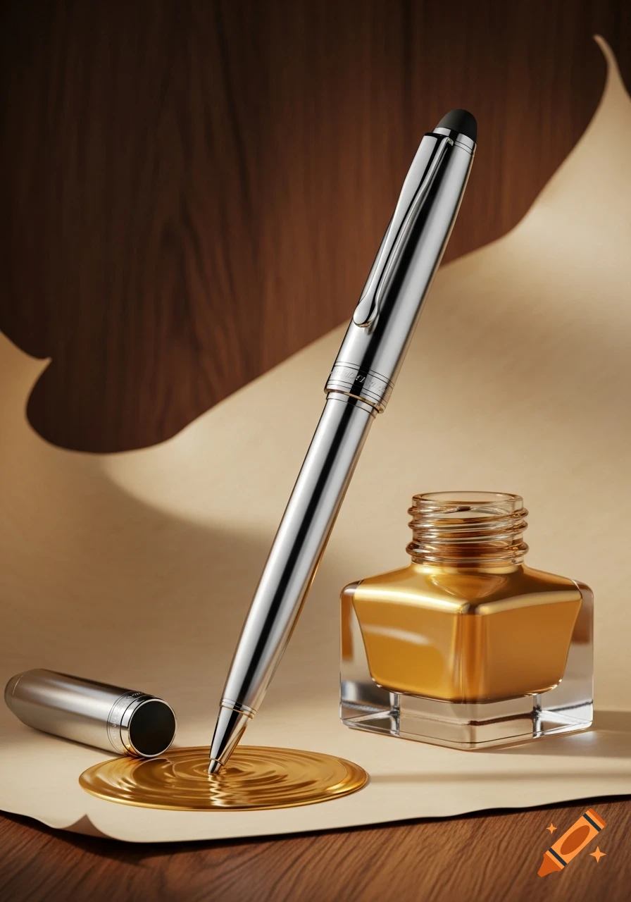 A silver pen stands upright, its tip touching a pool of golden liquid, next to a matching inkwell and paper on a wooden surface.