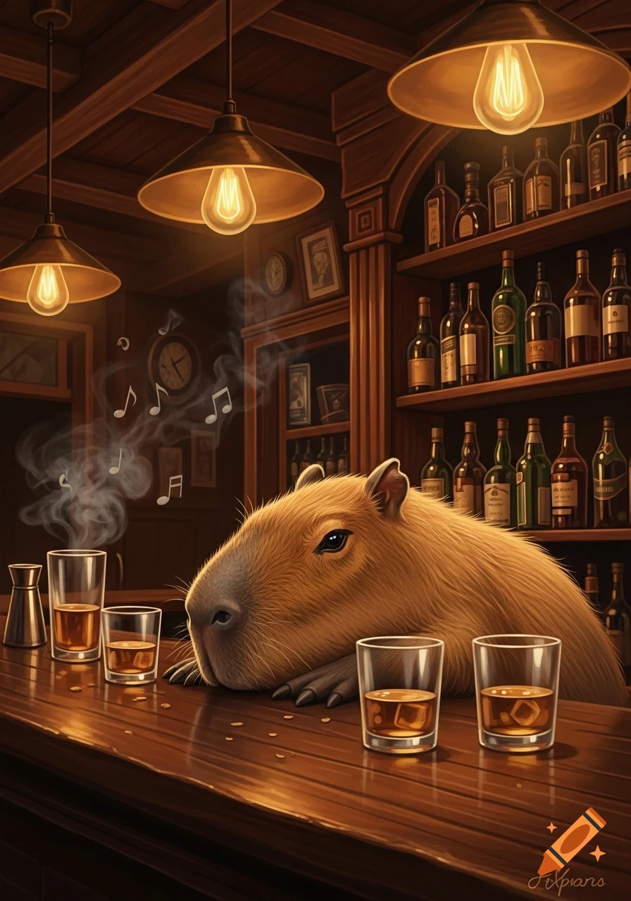 A capybara leans on a dark wooden bar counter in a dimly lit pub, surrounded by glasses of amber liquid. Music notes float in the air above it.