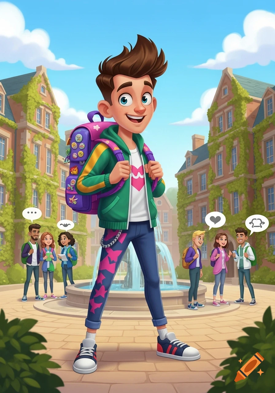 A cartoon of a happy male college student with a purple backpack standing confidently on a campus with other students, buildings, and a fountain.