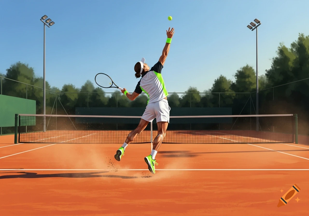 A male tennis player in white and neon green sportswear jumps to serve the ball on a clay court under a clear blue sky.