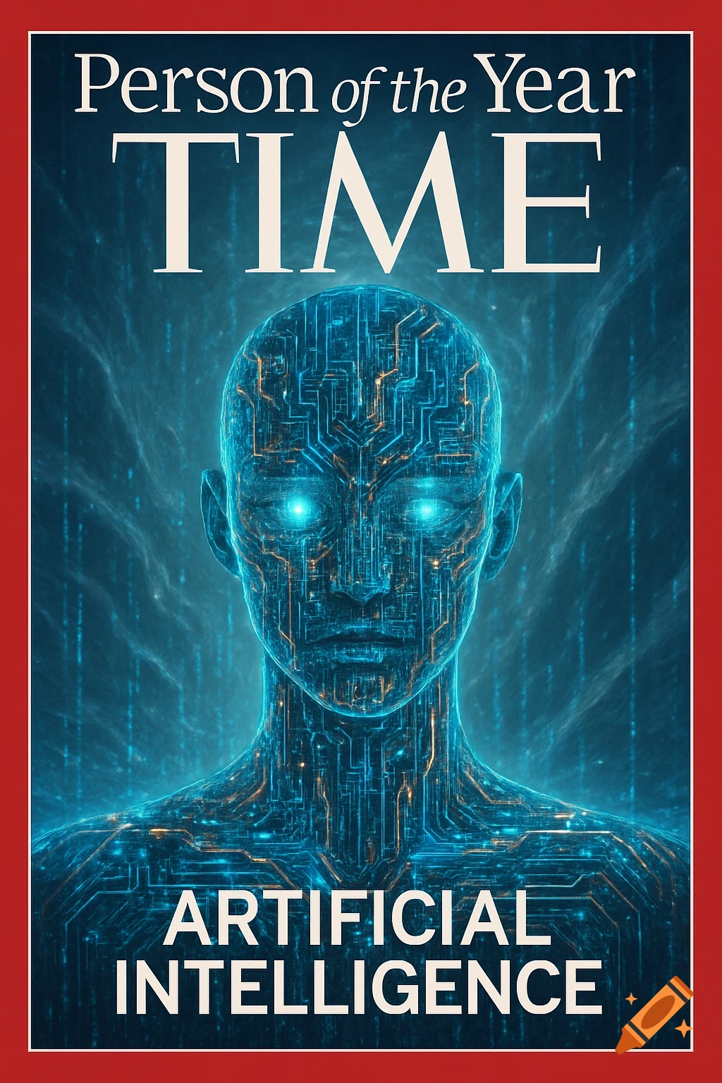 A Time Magazine cover features a glowing blue human-like AI head made of circuit boards. Text reads "Person of the Year TIME" and "ARTIFICIAL INTELLIGENCE".