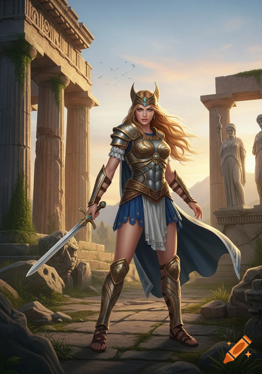 A blonde female warrior in ancient Greek-style armor with a sword stands amidst crumbling temple ruins.