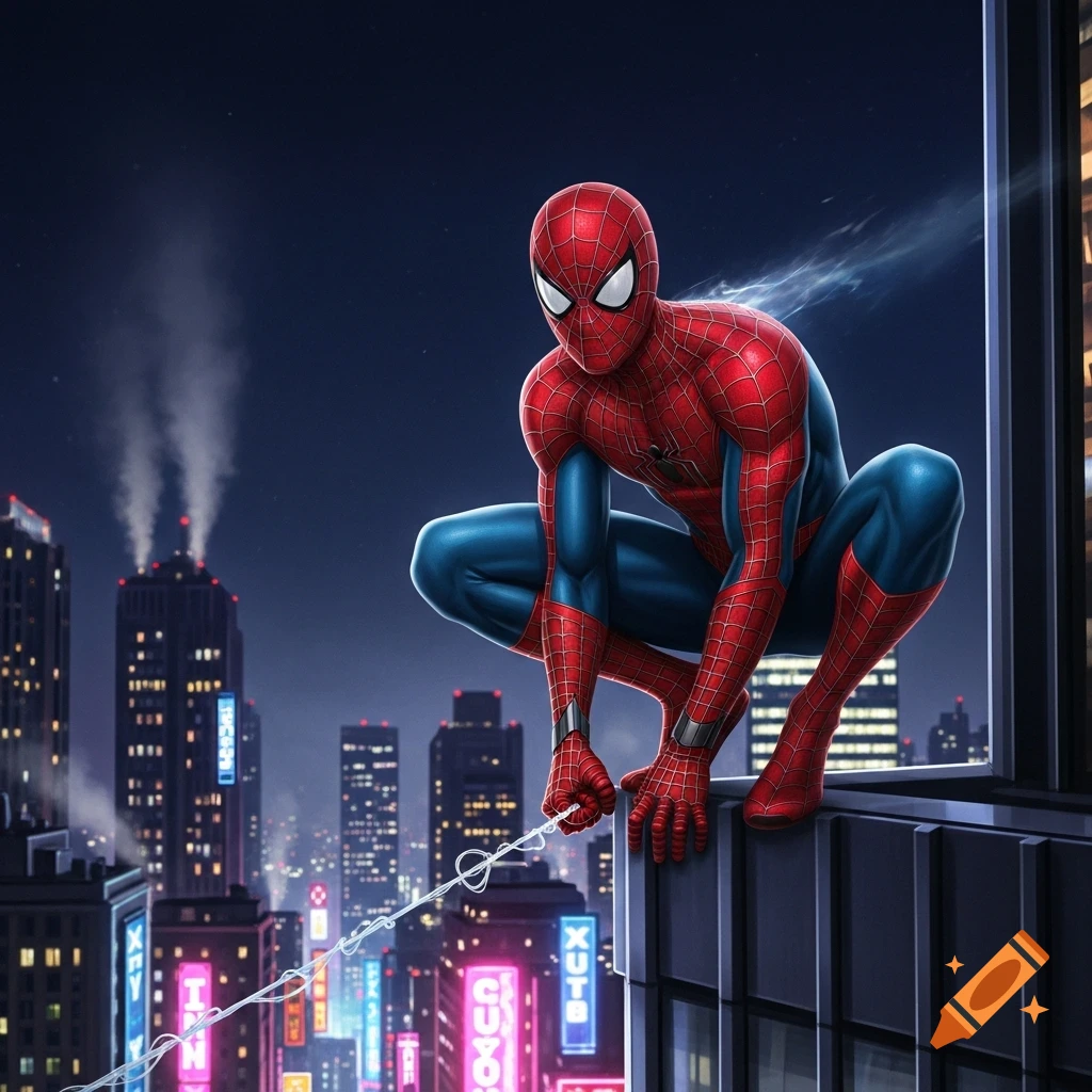 Spiderman crouches on a skyscraper rooftop at night, overlooking a neon-lit city skyline.