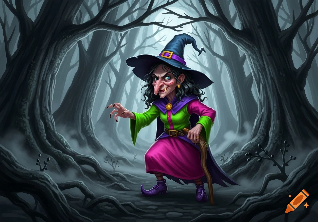 A cartoonish old witch with a crooked nose and wavy black hair stands in a dark forest, wearing colorful, candy-ish clothes.