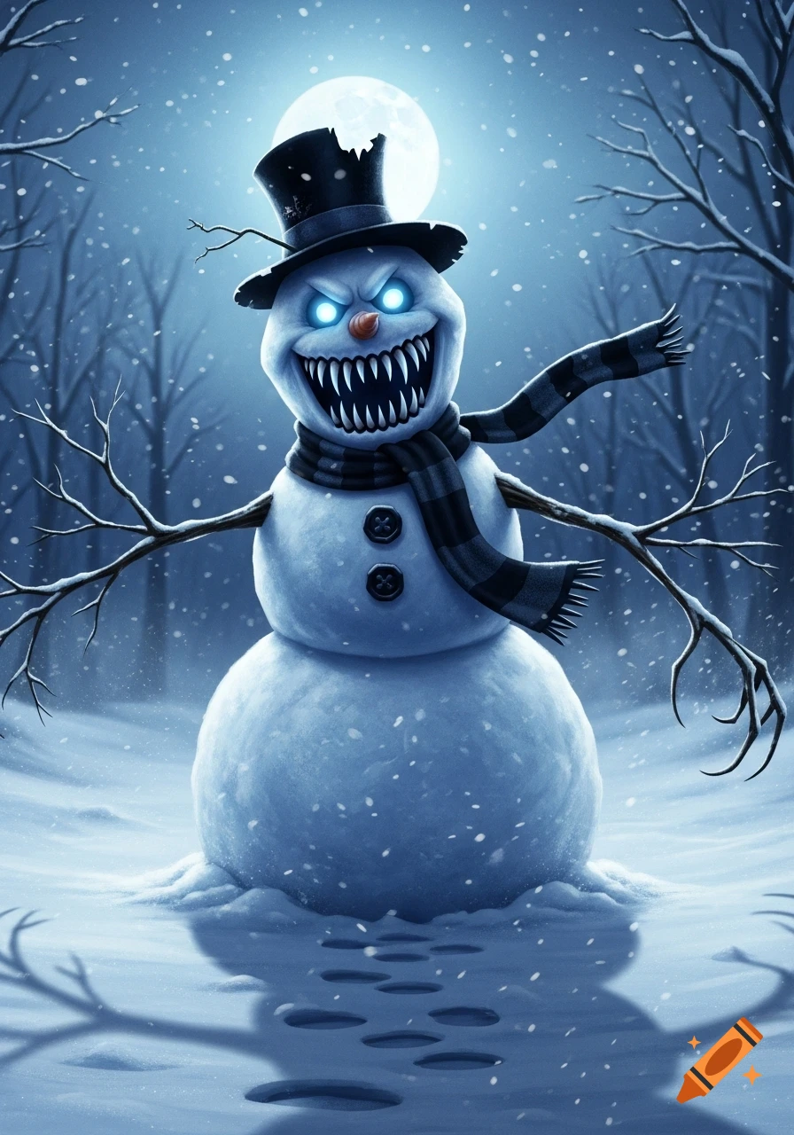 An eerie snowman with sharp fangs, glowing blue eyes, a top hat, and striped scarf stands in a snowy, moonlit forest.