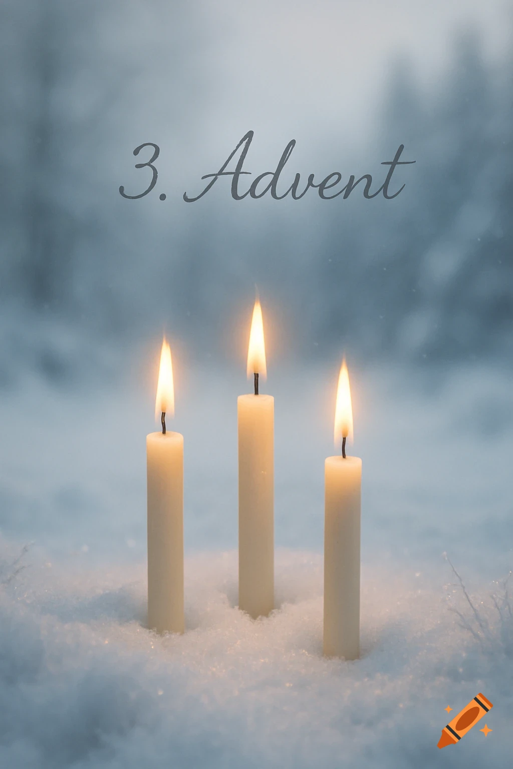 Three lit white candles stand in fresh snow with the text '3. Advent' above them, set against a blurred winter background.