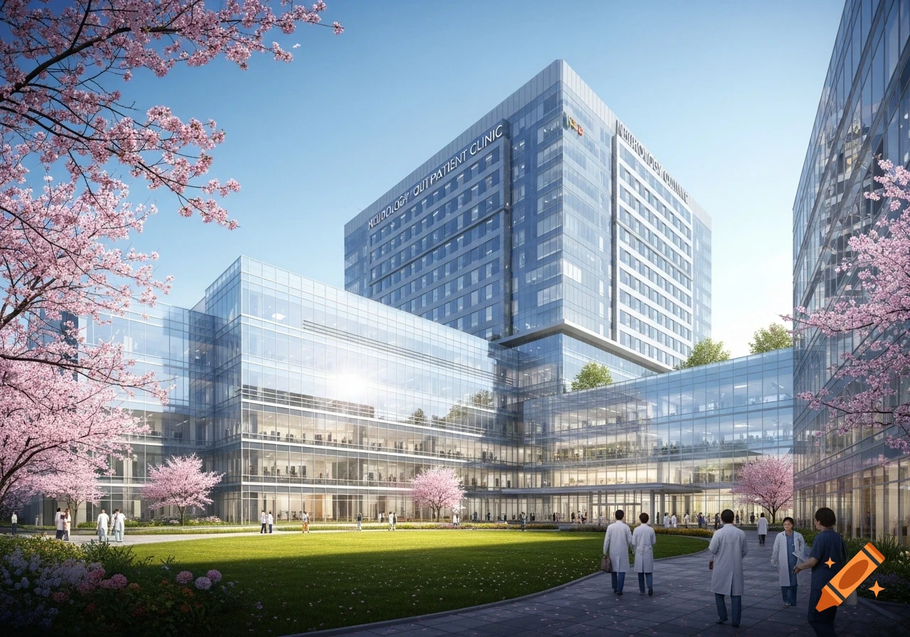 Modern glass hospital building with 'NEUROLOGY OUTPATIENT CLINIC' sign, green lawn, pink cherry blossoms, and people in medical coats.