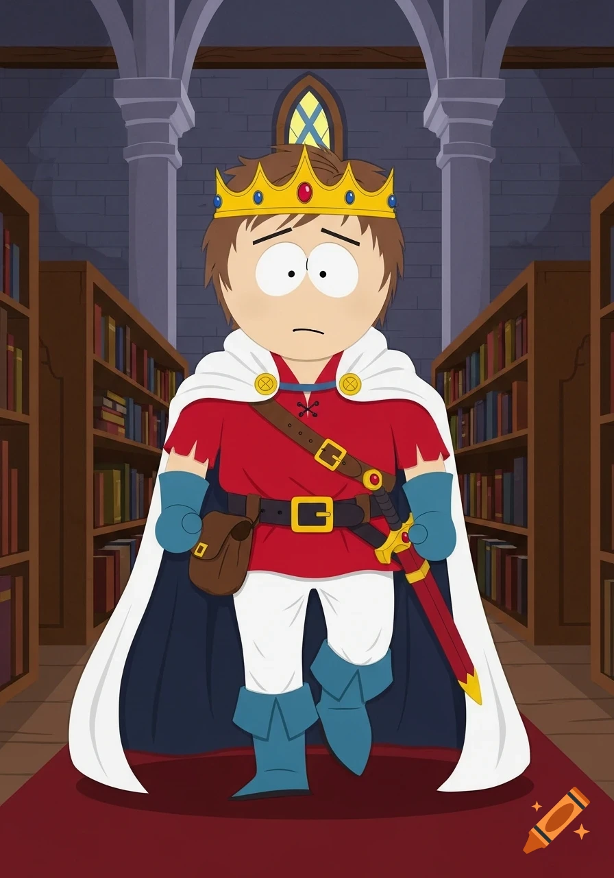 South Park character Clyde Donovan as a medieval prince, wearing a red tunic and white cape, walking through a grand castle library in South Park cartoon style.