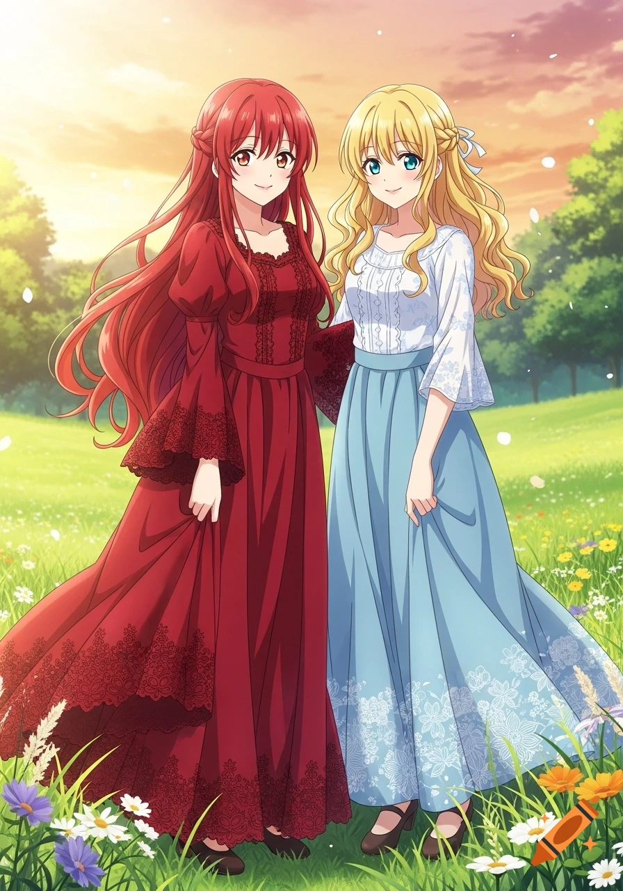 Two smiling anime girls, one with red hair in a red dress and one with blonde hair in a blue dress, stand in a sunny, flower-filled field.