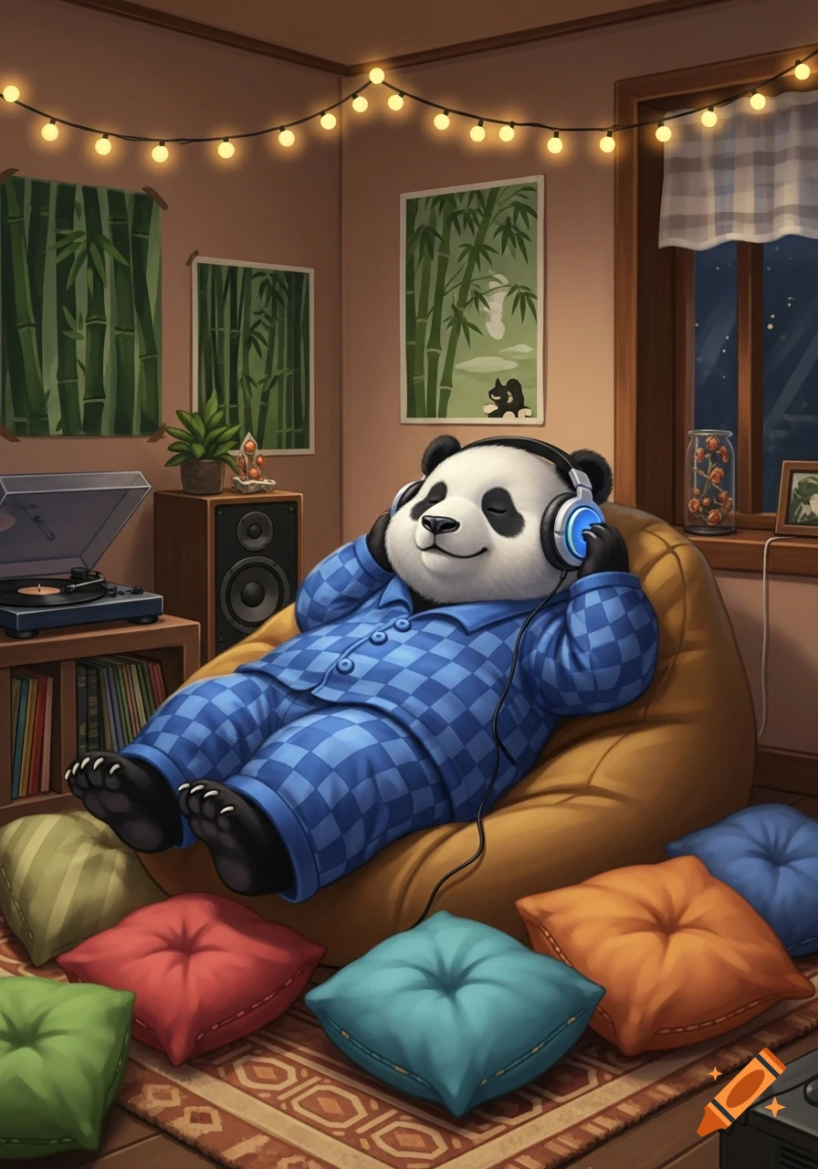 A happy panda in blue checkered pajamas relaxes on a beanbag chair, listening to music through headphones in a cozy room at night, surrounded by colorful pillows and warm string lights.