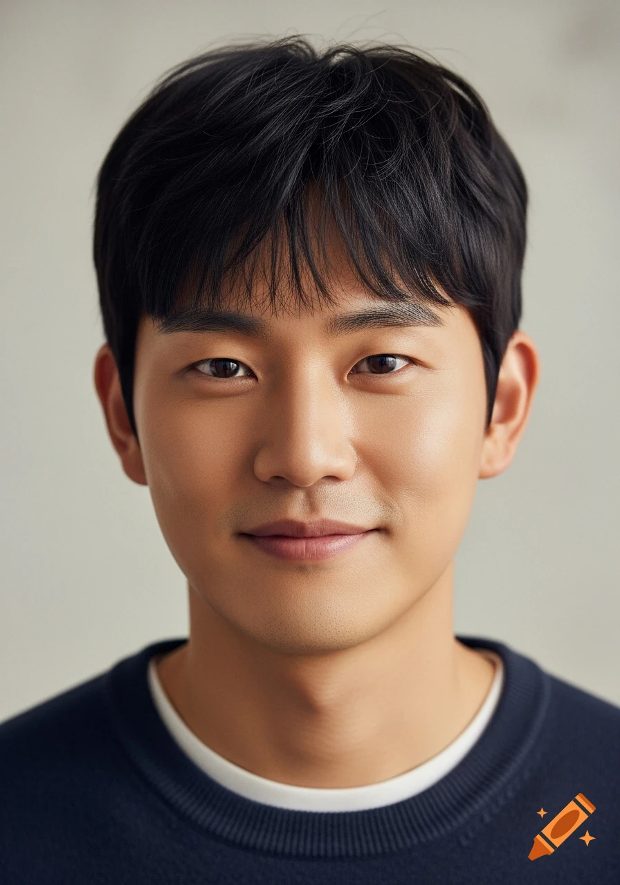 A close-up portrait of a young Korean man with black hair, a warm smile, and a navy sweater against a blurred background.