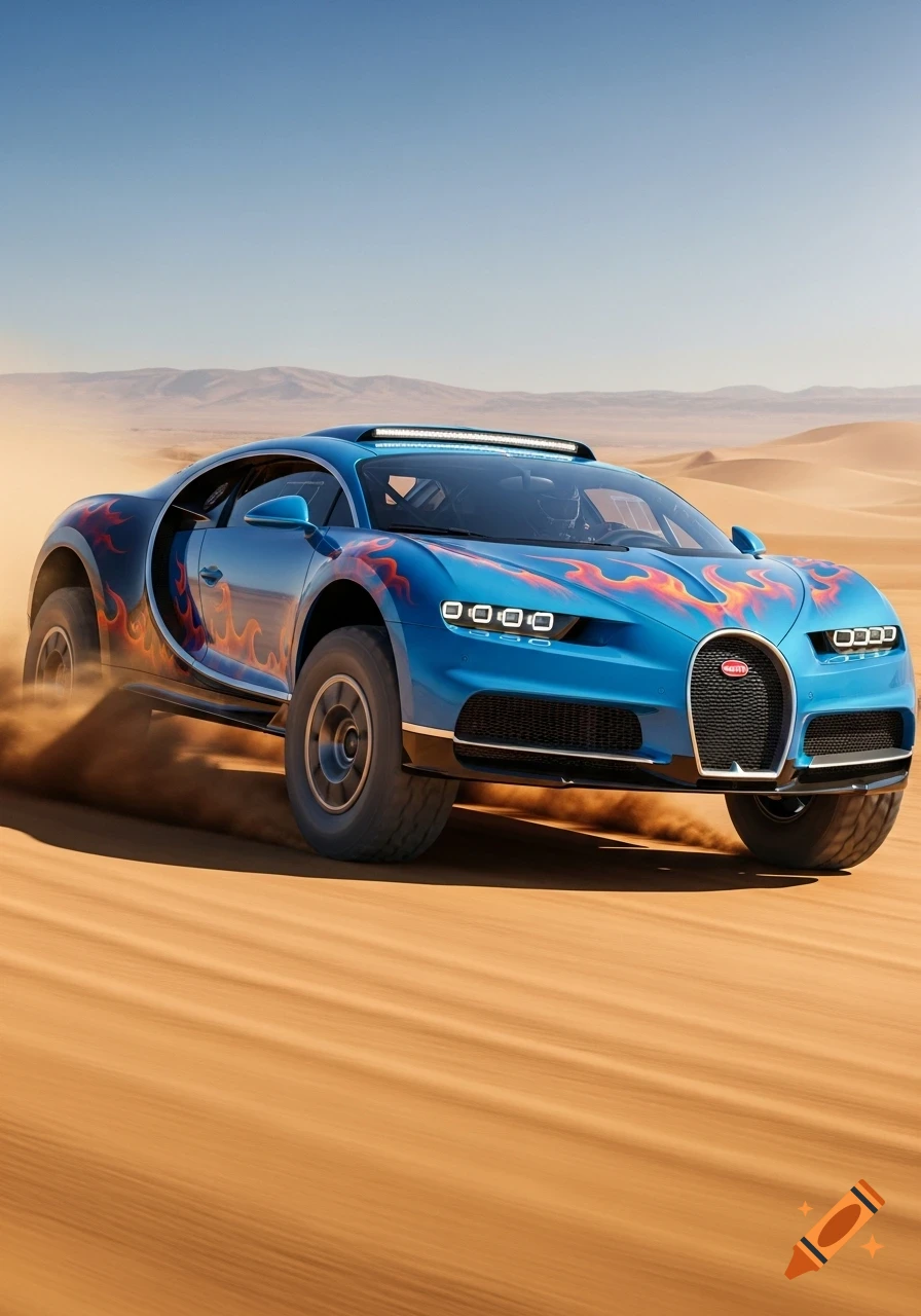 A blue Bugatti-style off-road car with orange flame decals speeds across a sandy desert, kicking up dust.