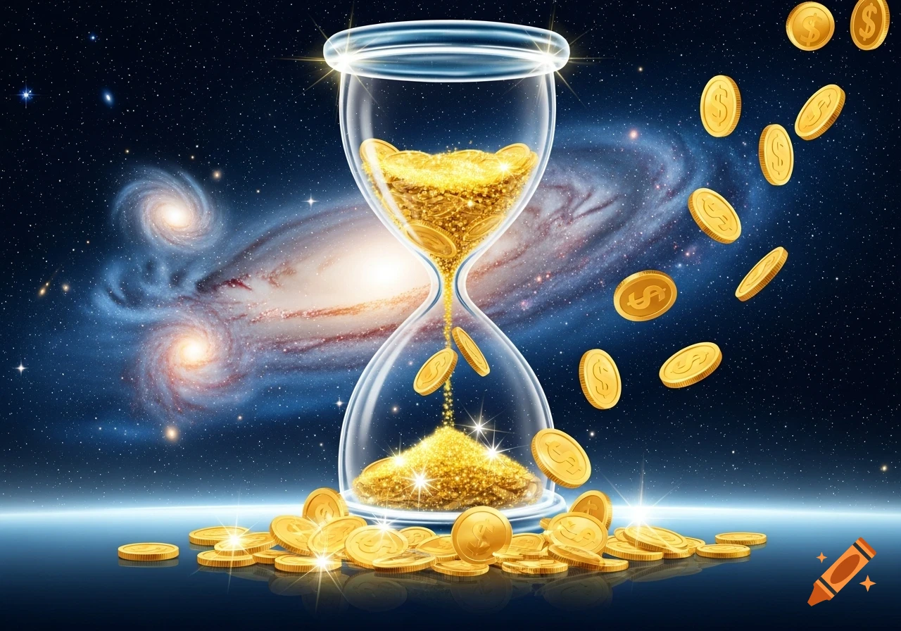 A glass hourglass with golden coins falling through it, set against a vibrant galaxy and star-filled space background.