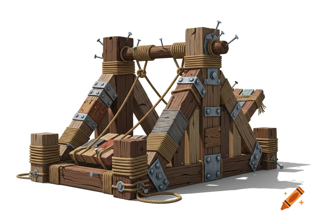 A detailed catapult made of scrap wood, ropes, and metal on a white background.