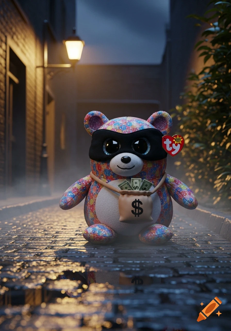 A glittery, rainbow-colored Beanie Boo bear wearing a black burglar mask and holding a money bag with a dollar sign, stands on wet cobblestones in a misty alleyway at night.