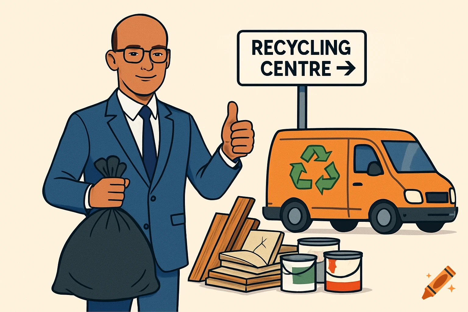 Bald man in suit holding bin bag and giving thumbs up, next to recycling waste and a recycling center van. Flat digital illustration.