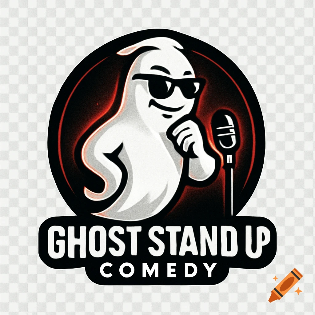 A slick, cool ghost in sunglasses stands by a microphone in a red-glowing circular logo. Text reads 'GHOST STAND UP COMEDY'.