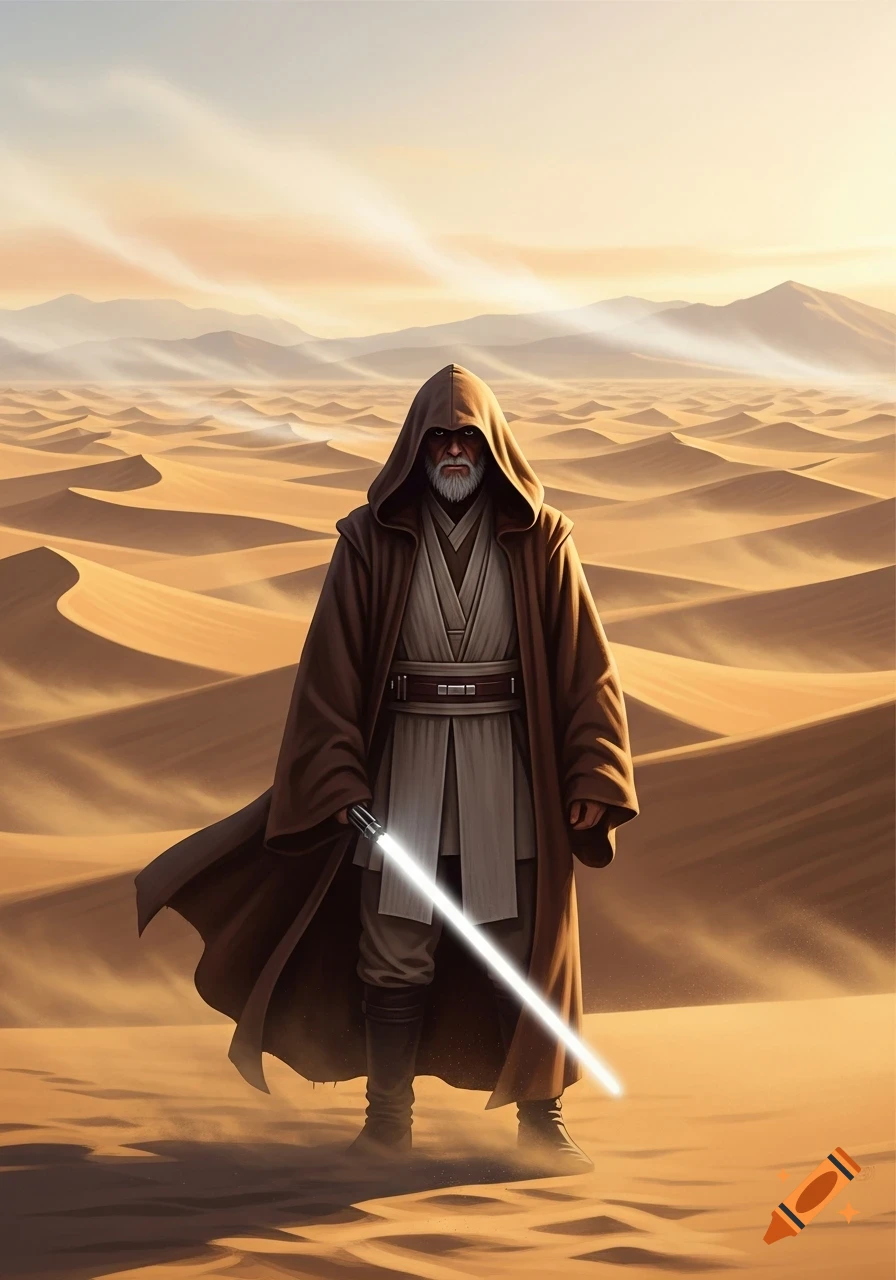 A hooded figure resembling Obi-Wan Kenobi stands in a vast desert landscape at sunset, holding a glowing white lightsaber.