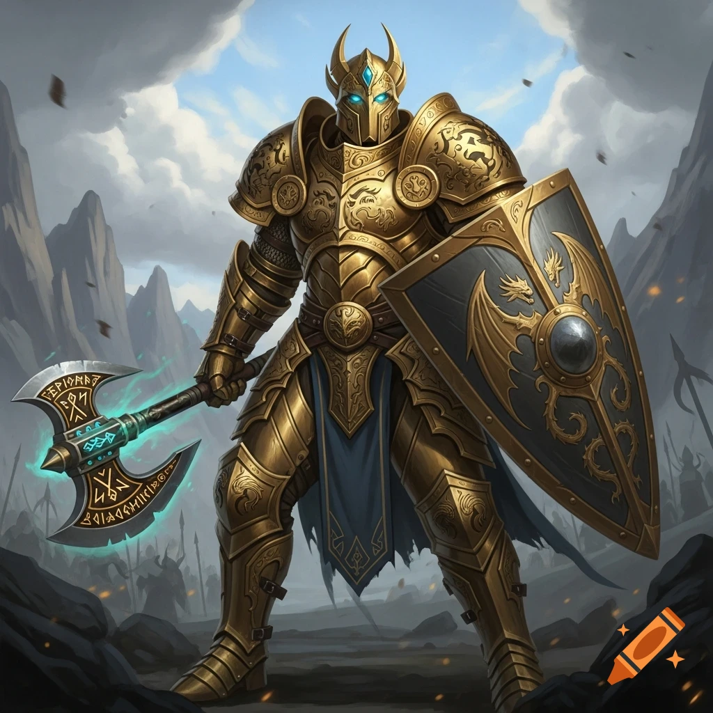 A majestic golden-armored warrior stands holding a glowing battleaxe and a large shield with dragon emblems in a mountain landscape.