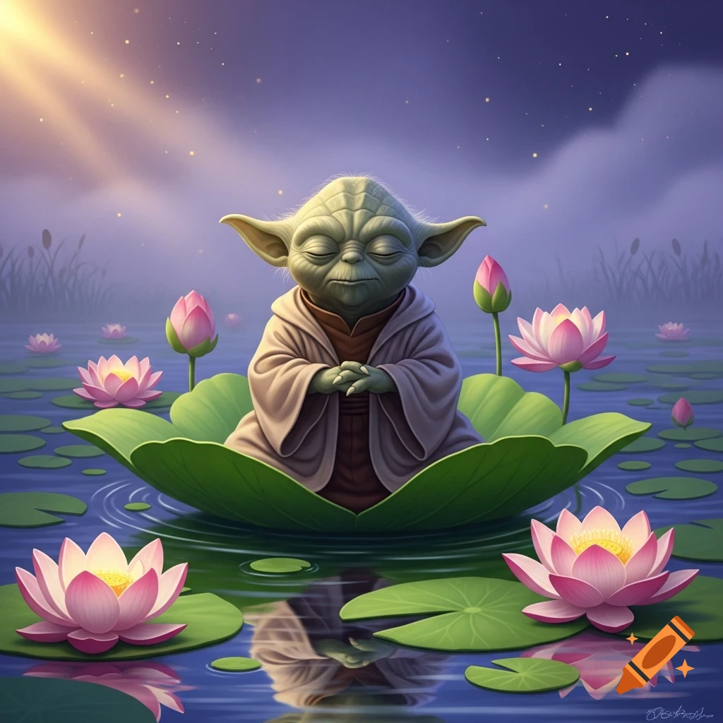 Yoda meditating with closed eyes on a giant lotus leaf in a serene pond, surrounded by pink lotus flowers at sunset.