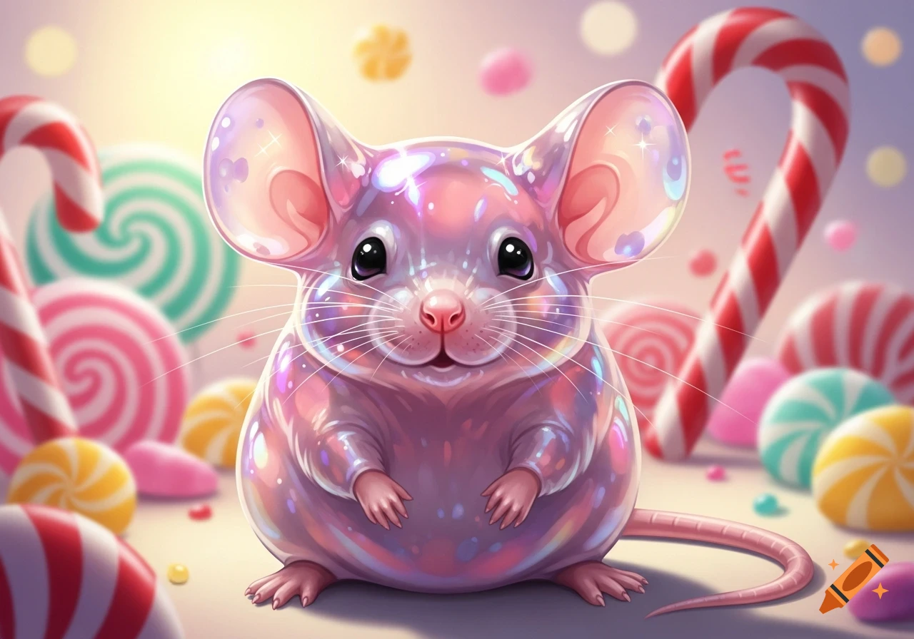 A cute, shiny pink jelly mouse sits among colorful candies and lollipops in a whimsical illustration.