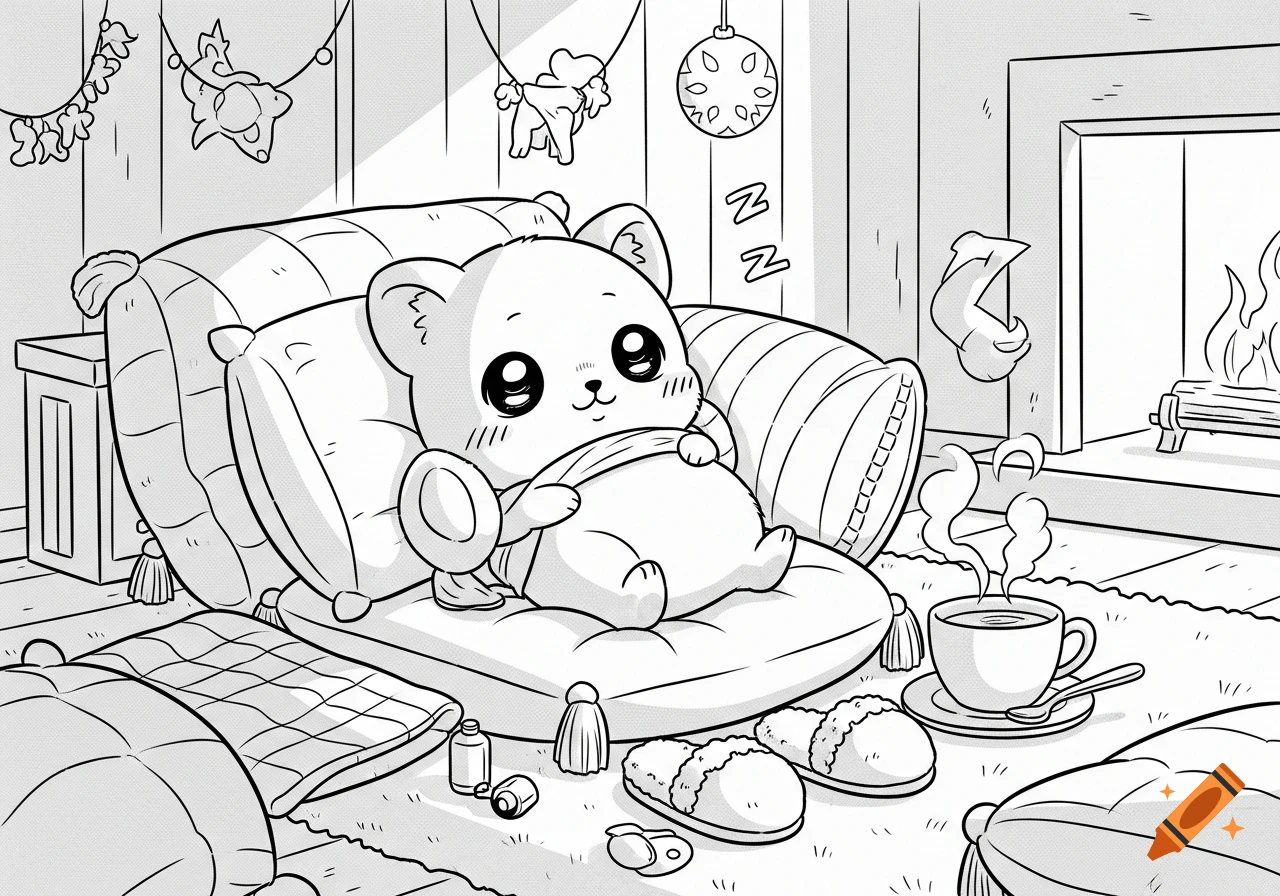 A cute, chubby cartoon bear sleeps on pillows by a fireplace, with a cup of tea and slippers nearby, in a black and white line art drawing.